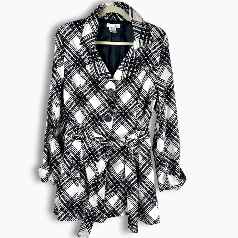 Luii Women Black White Plaid Trench Coat Belted Lightweight Jacket XL